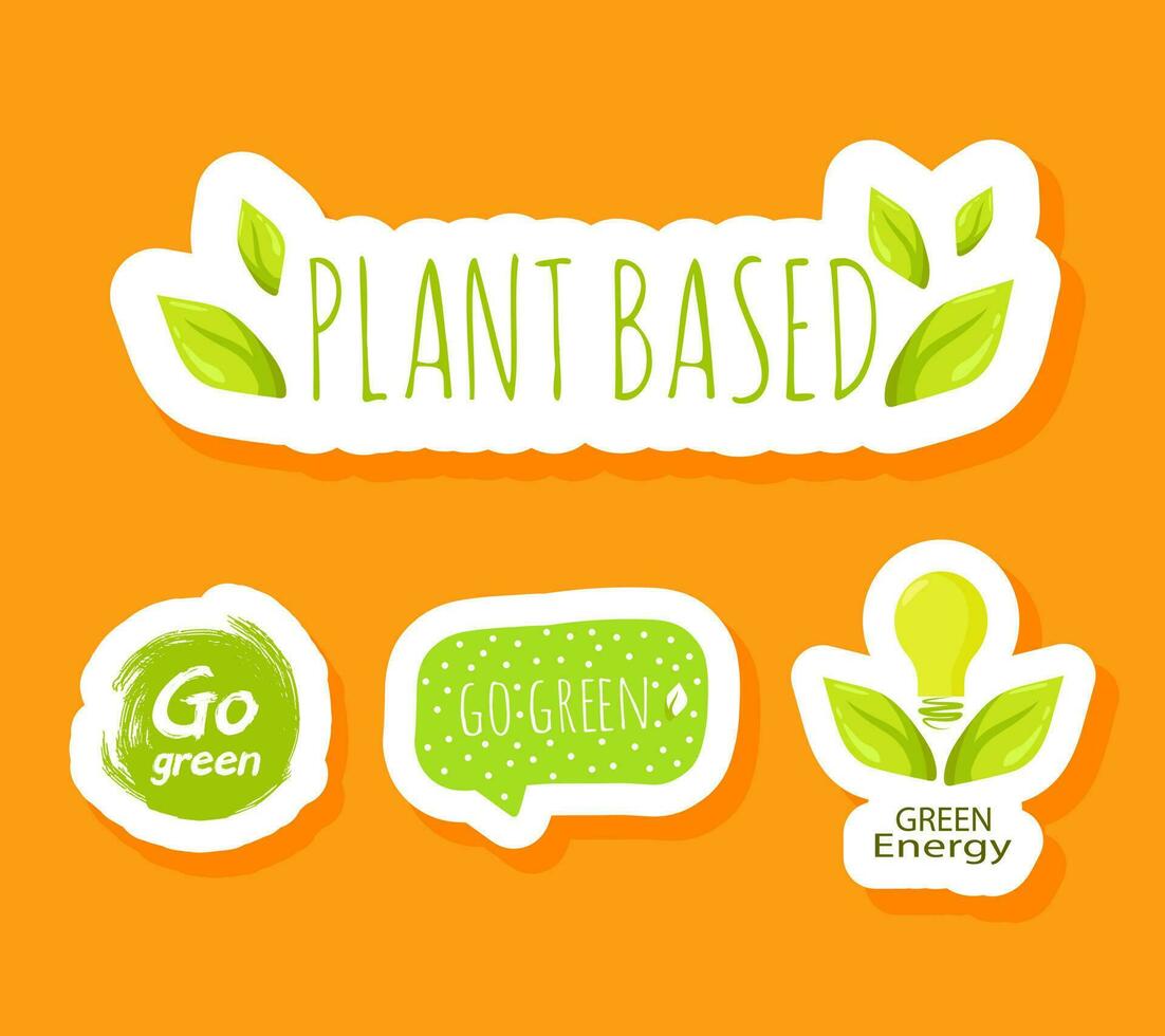 Environment sticker set. Cute vector note book label clip art. Go green, green energy quote, organic plant based, reuse concept.