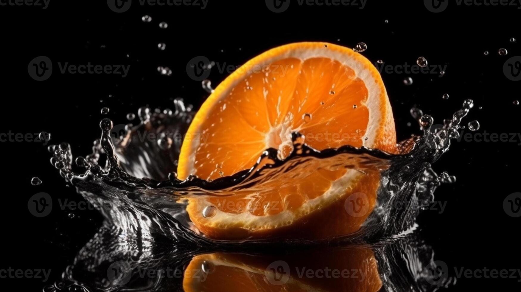 ai generativo un rebanada de naranja es siendo exprimido dentro un líquido chapoteo foto