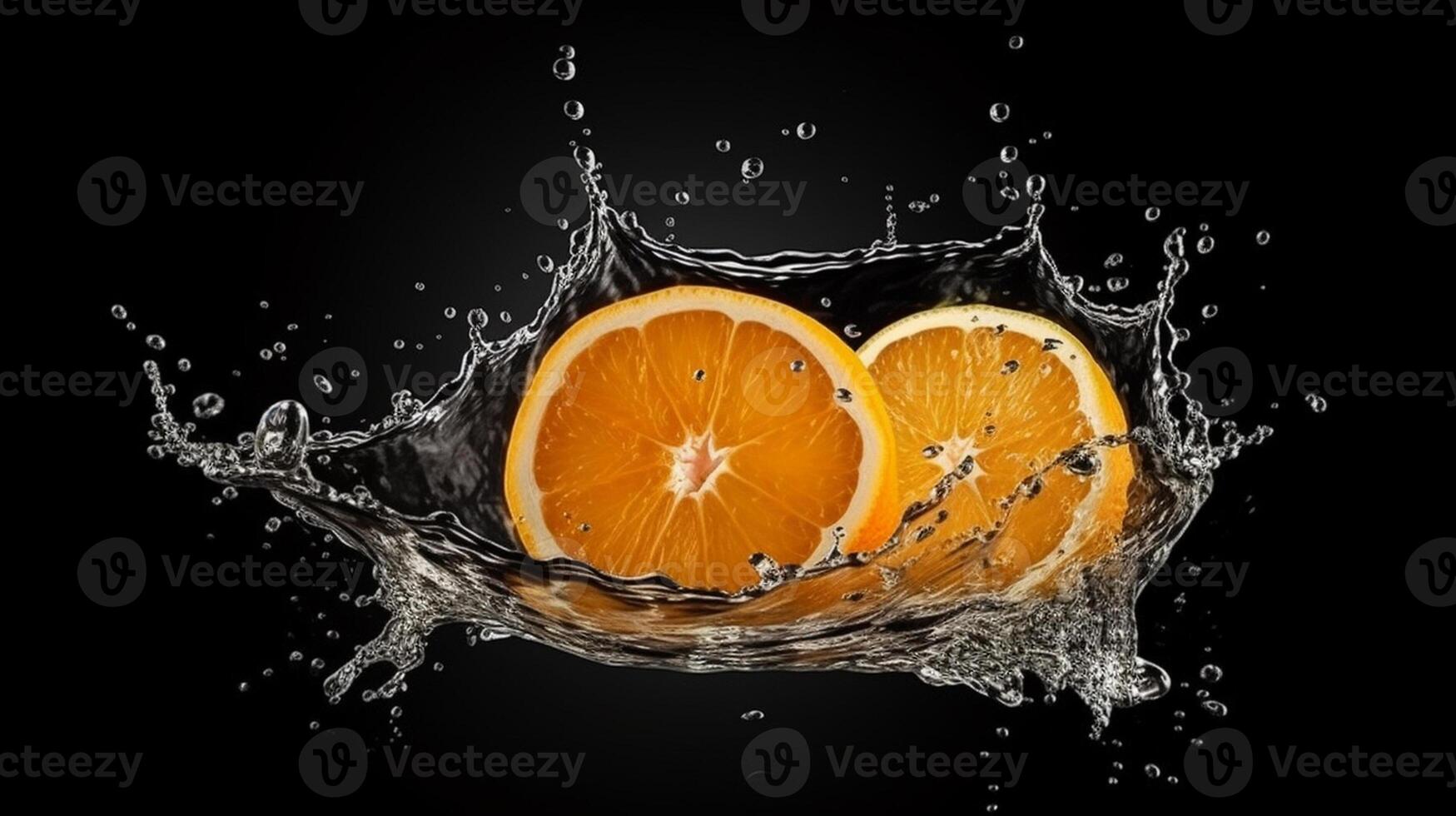 A slice of orange is being squeezed into a liquid splash photo
