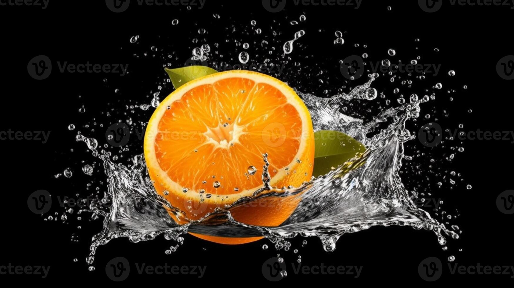 A slice of orange is being squeezed into a liquid splash photo