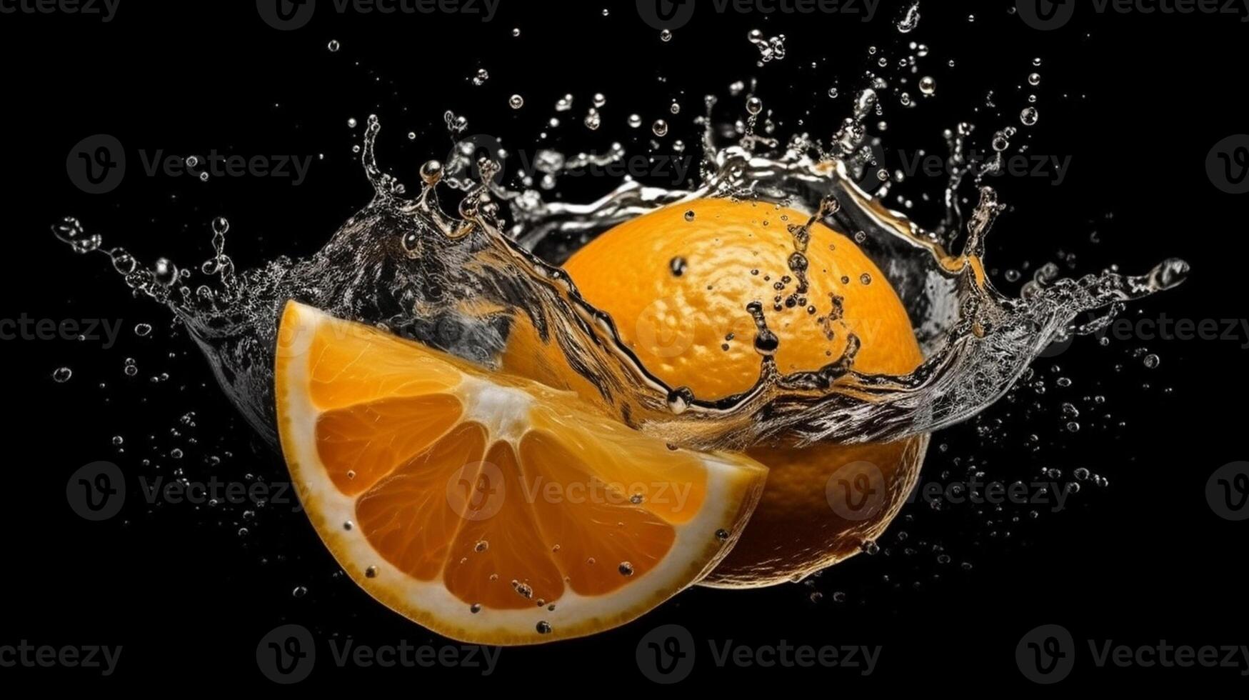 A slice of orange is being squeezed into a liquid splash photo