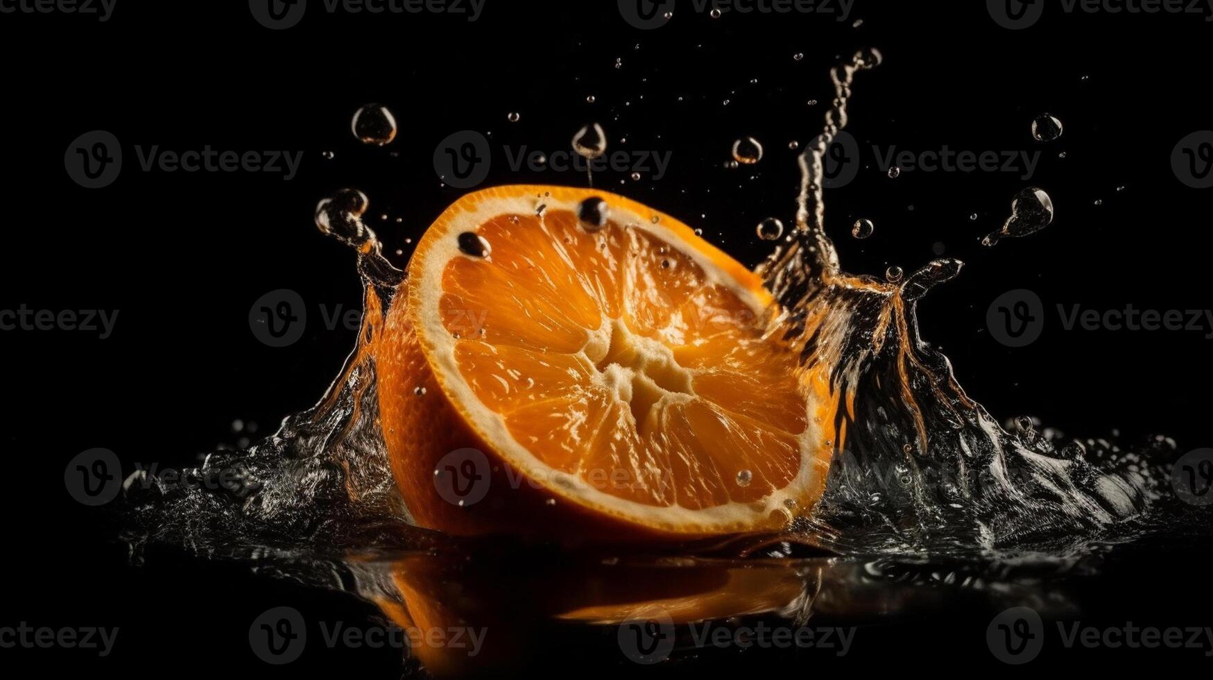 A slice of orange is being squeezed into a liquid splash photo
