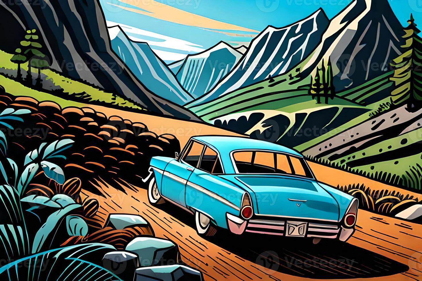 Old car blue color in a field with mountain view. Comic style photo