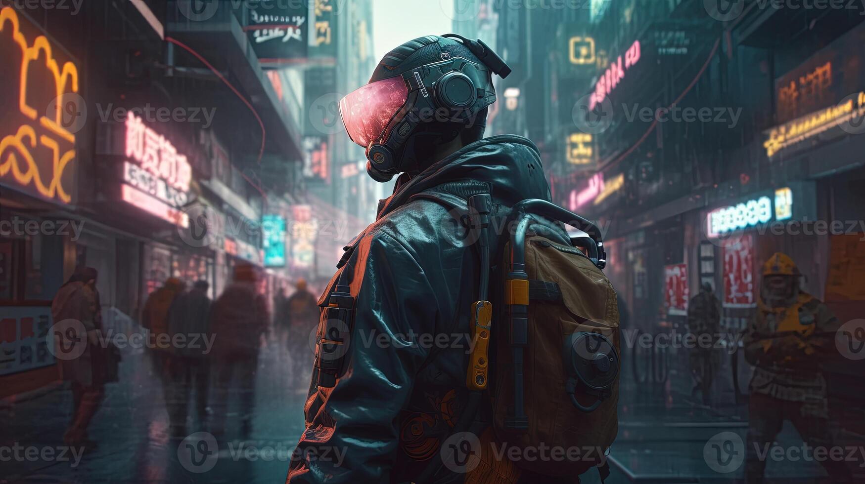 cyberpunk soldier navigates dystopian city, digital art illustration, photo