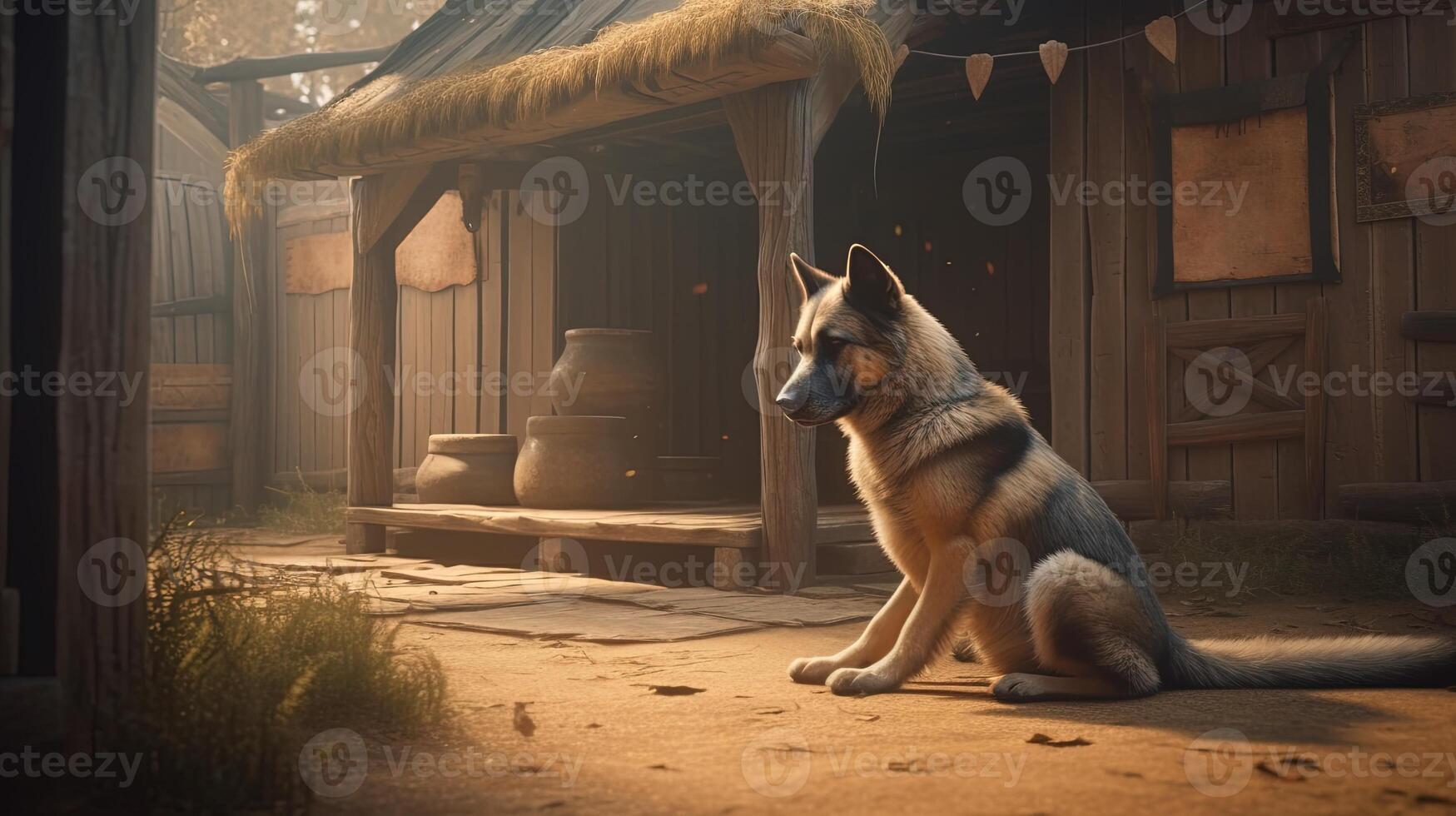 dog rest beside his wooden kennel, digital art illustration, photo