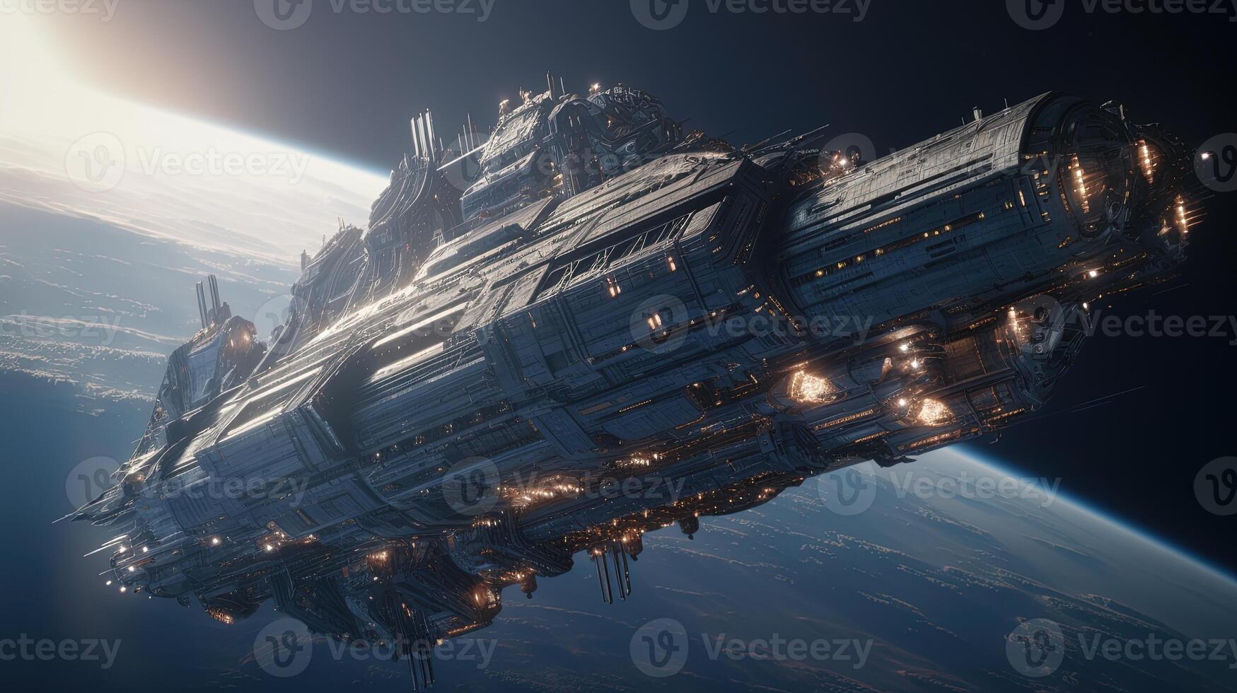 massive spaceship hovers, digital art illustration, photo