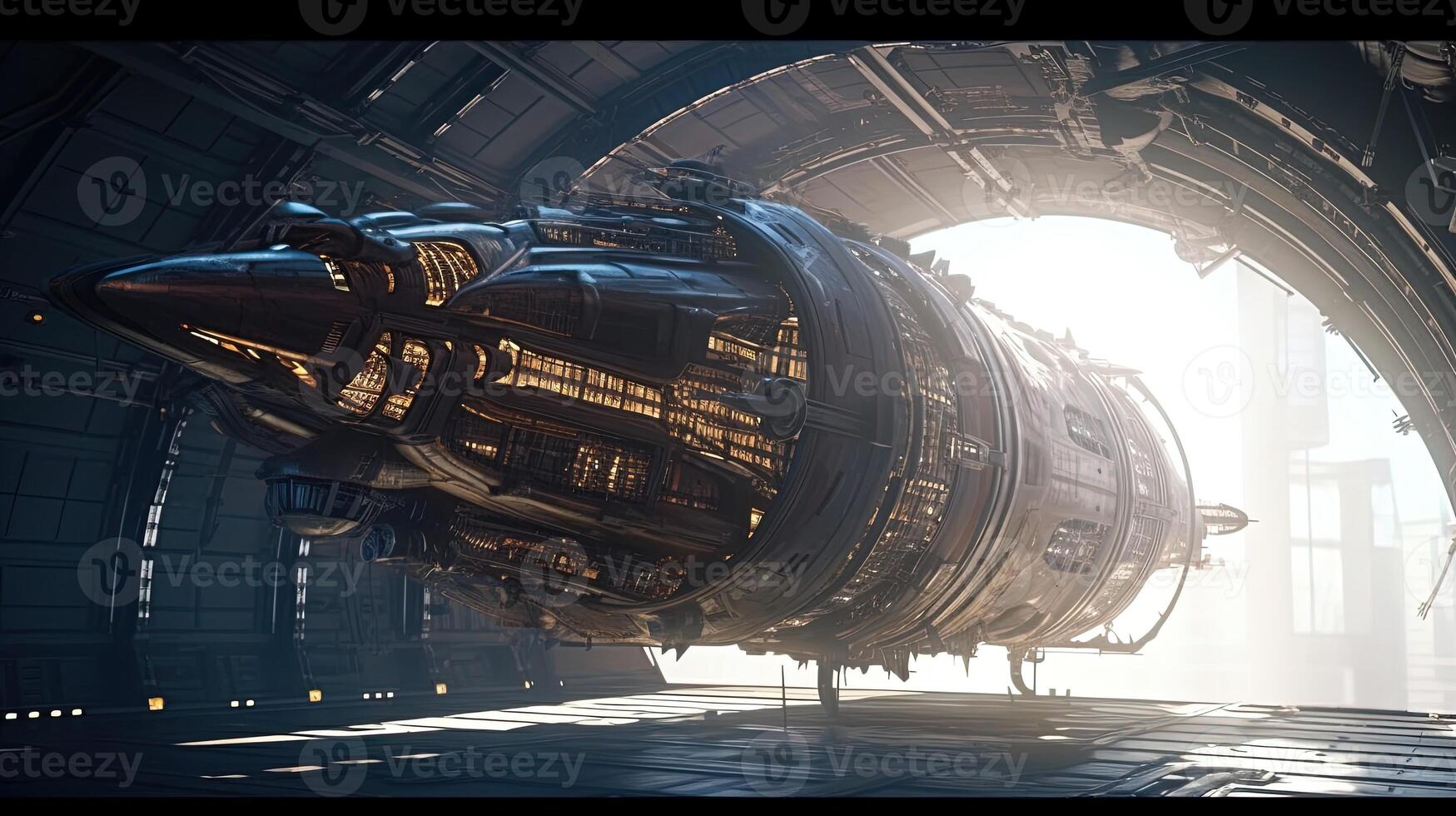 massive spaceship hovers, digital art illustration, photo