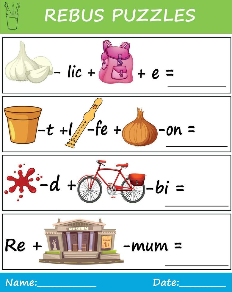 Rebus puzzles for kids, creative brain teasers, and picture puzzles to exercise a kid's brain worksheet Answer  Garbage, Pollution, Recycle, and Reuse. vector