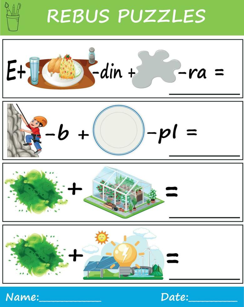 Rebus puzzles for kids, creative brain teasers, and picture puzzles to exercise a kid's brain worksheet Answer  Energy, Climate, Greenhouse, Green Energy vector