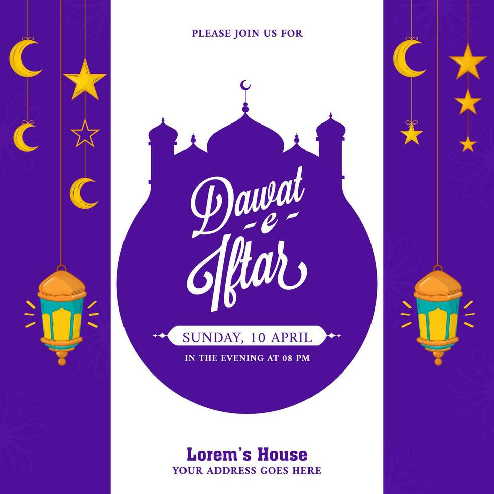 Dawat-E-Iftar Party Poster Design With Silhouette Mosque In White And Purple Color. vector