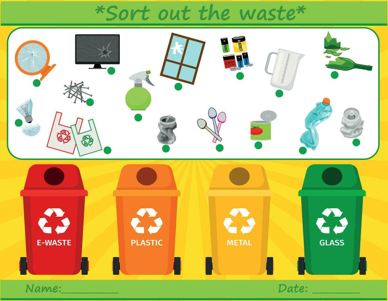 Ecological matching activity with the waste sorting concept. Earth Day puzzle. Printable worksheet or game. Sort out the waste. Eco awareness page for kids with rubbish bins-plastic, paper, glass, vector