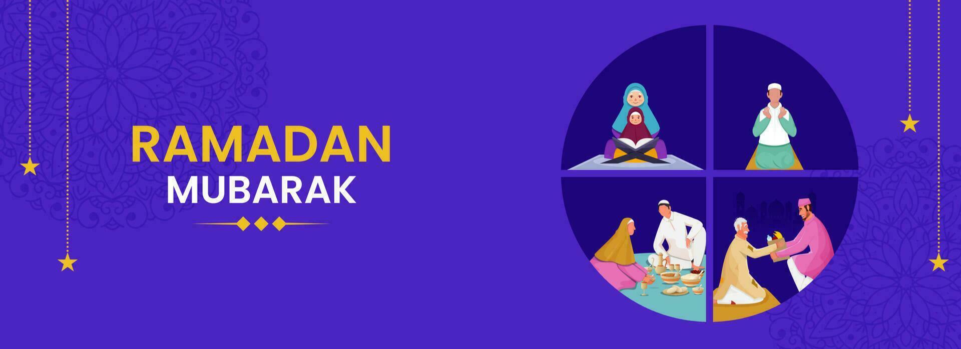 Islamic People Celebrate Ramadan Festival Like As Offering Namaz Prayer, Donating, Eating Delicious Meal On Violet Background. vector