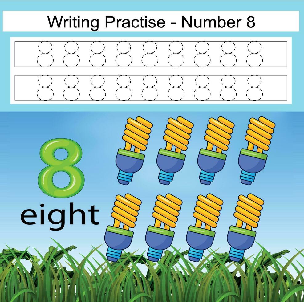 Numbers 1to10, handwriting tracing practice sheet, writing training for children, preschool activity, educational game, math printable worksheet, learning to count, vector illustration Earth Day items