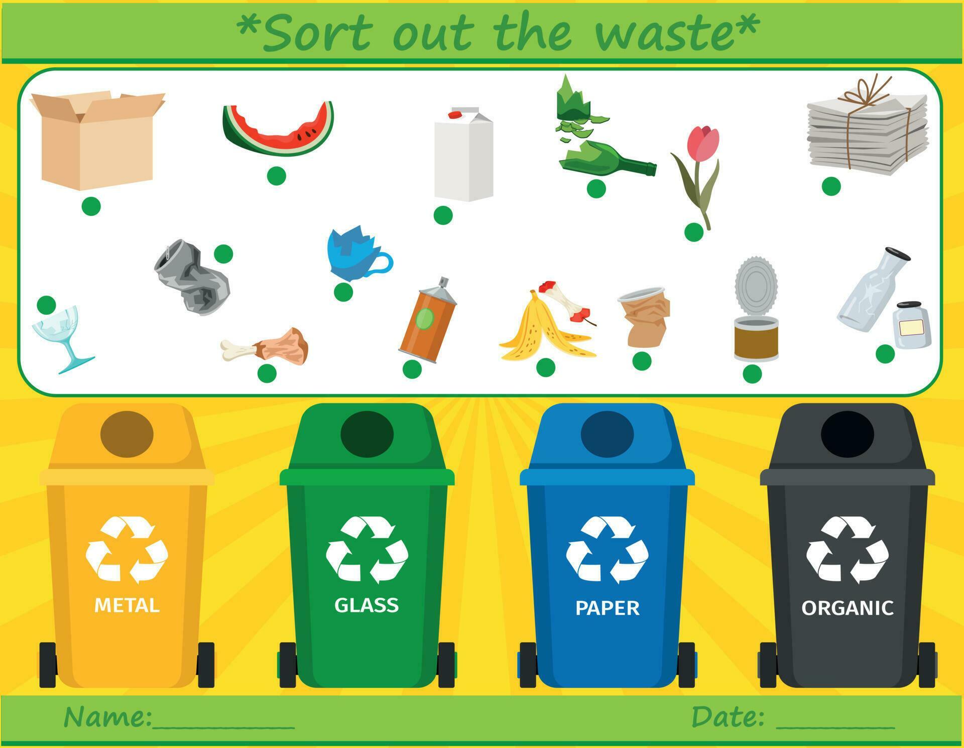 Ecological matching activity with the waste sorting concept Earth Day