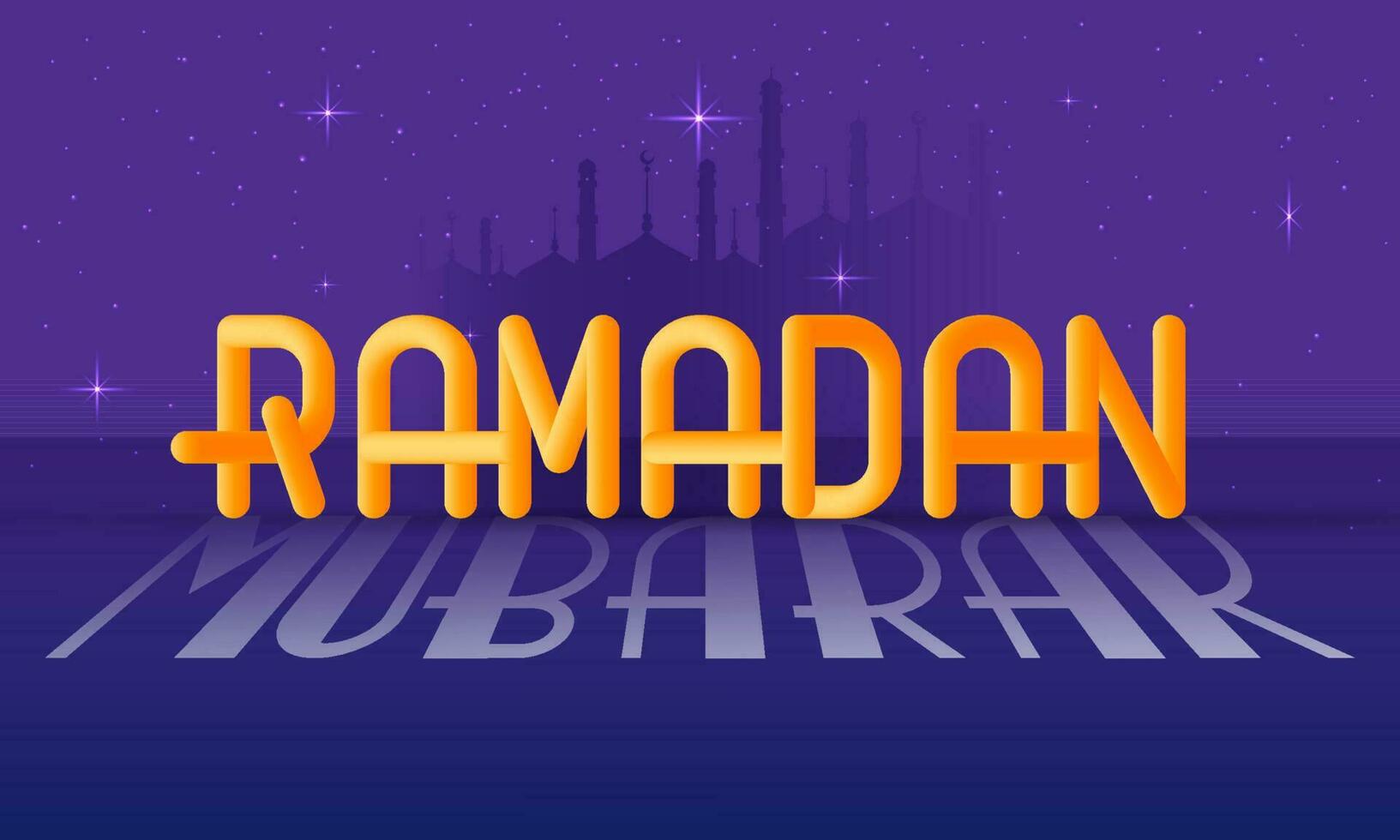 Stylish Ramadan Mubarak Font And Lights Effect On Blue And Violet Silhouette Mosque Background. vector