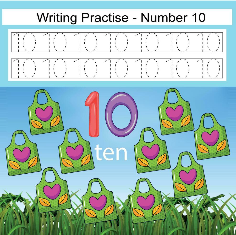 Numbers 1to10, handwriting tracing practice sheet, writing training for children, preschool activity, educational game, math printable worksheet, learning to count, vector illustration Earth Day items