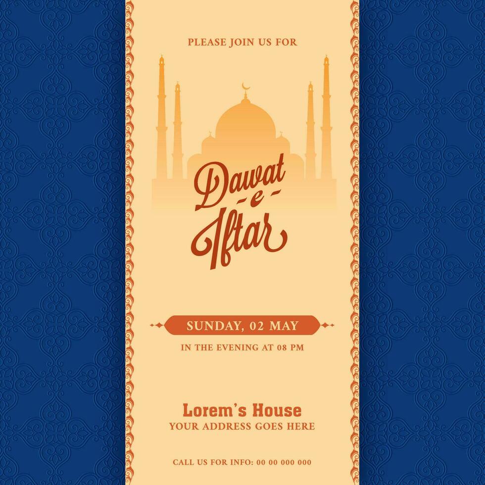 Dawat-E-Iftar Invitation Card With Silhouette Mosque And Event Details In Orange And Blue Color. vector