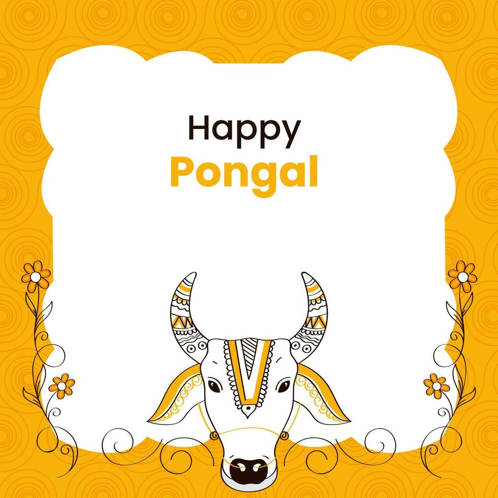 Happy Pongal Concept With Doodle Bull Face, Floral Decorated On White And Yellow Swirl Pattern Background. vector