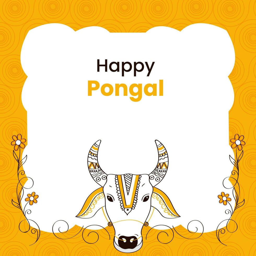 contento pongal concepto con garabatear toro rostro, floral decorado en blanco y amarillo remolino modelo antecedentes. vector