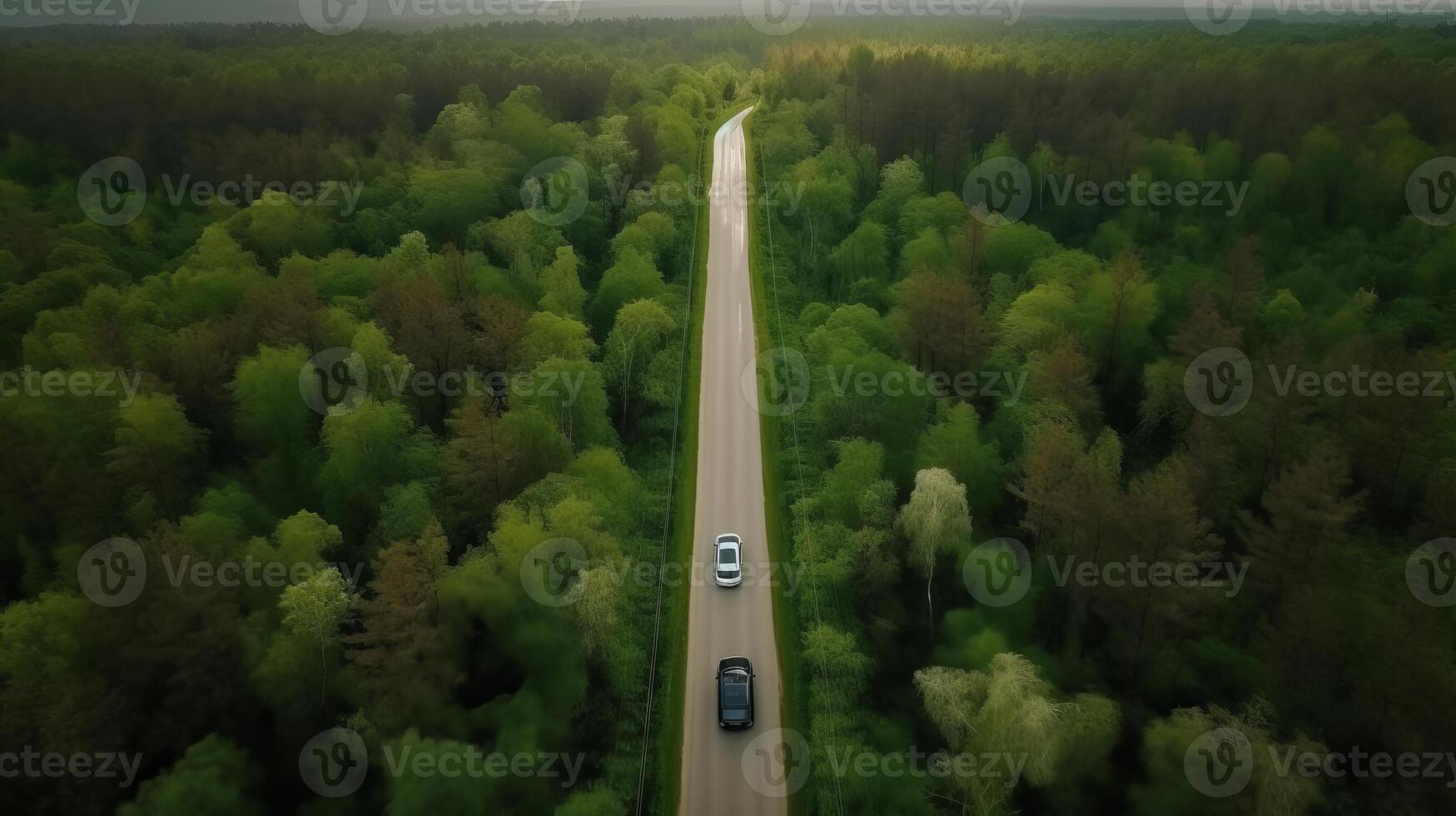 Airborne see green timberland with car on the black-top road. Creative resource, photo