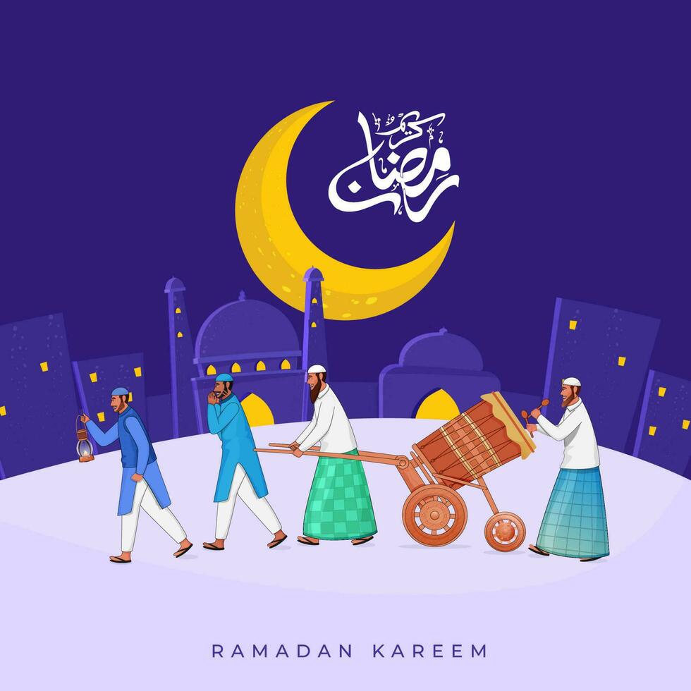 Arabic Calligraphy Of Ramadan Kareem With Crescent Moon, Islamic Men Playing Tabuh Bedug Drum And Mosque Illustration Against Blue Background. vector
