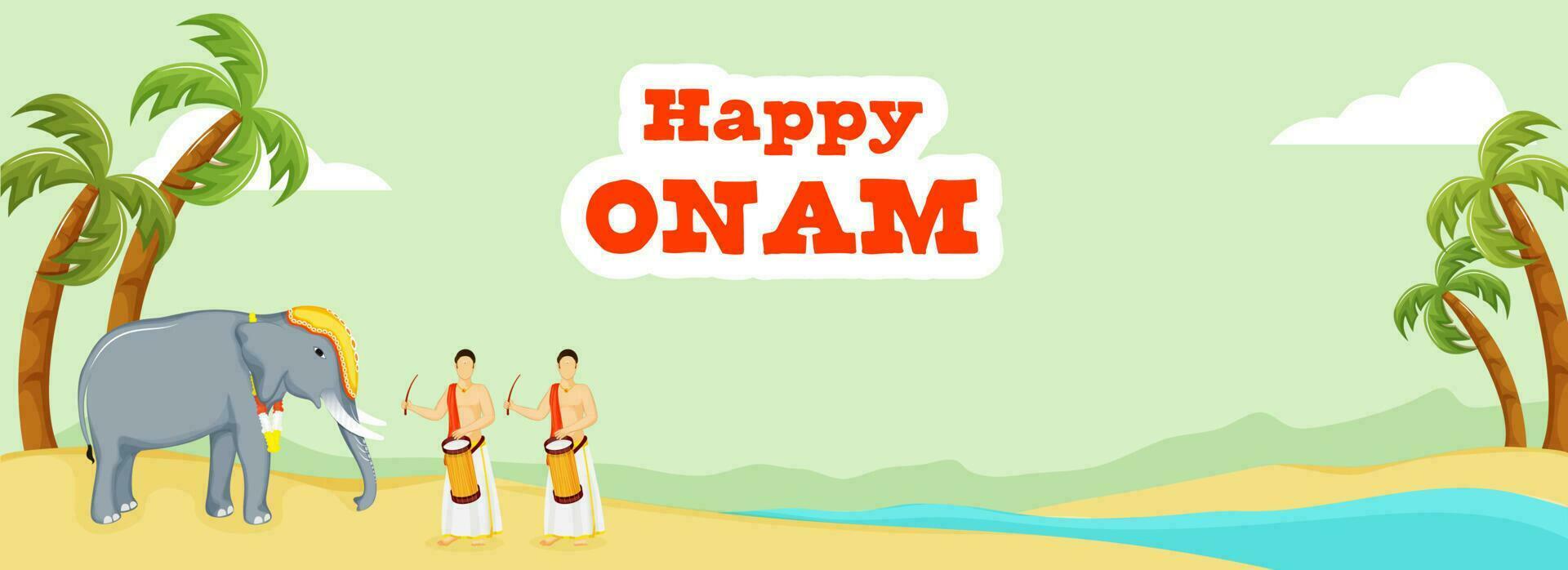Sticker Style Happy Onam Lettering With South Indian Drummers, Elephant Animal, Coconut Or Palm Tree On Riverside Green And Yellow Background. vector