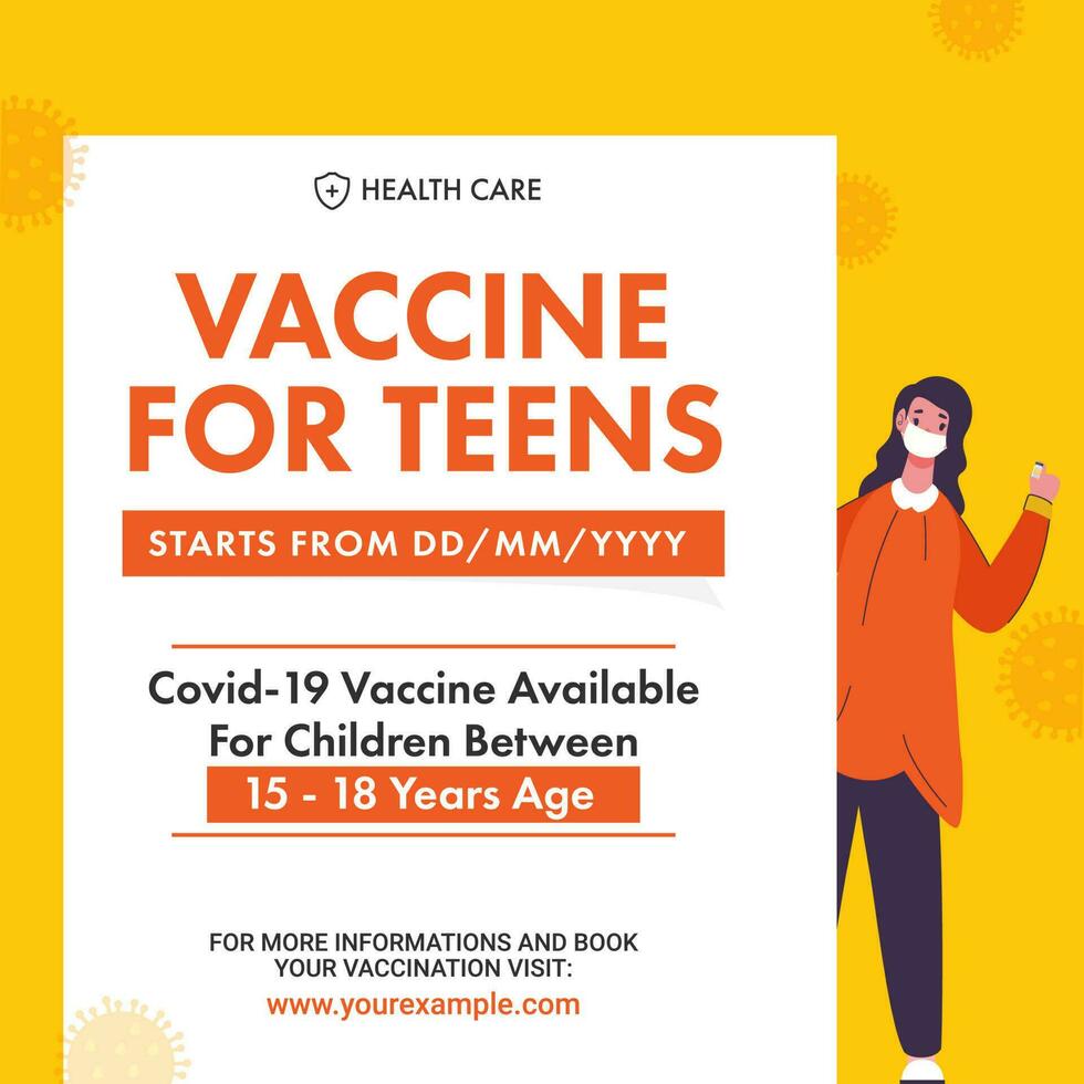 publicidad póster de covid-19 vacuna disponible para niños adolescentes Entre 15-18 año años en blanco y amarillo color. vector