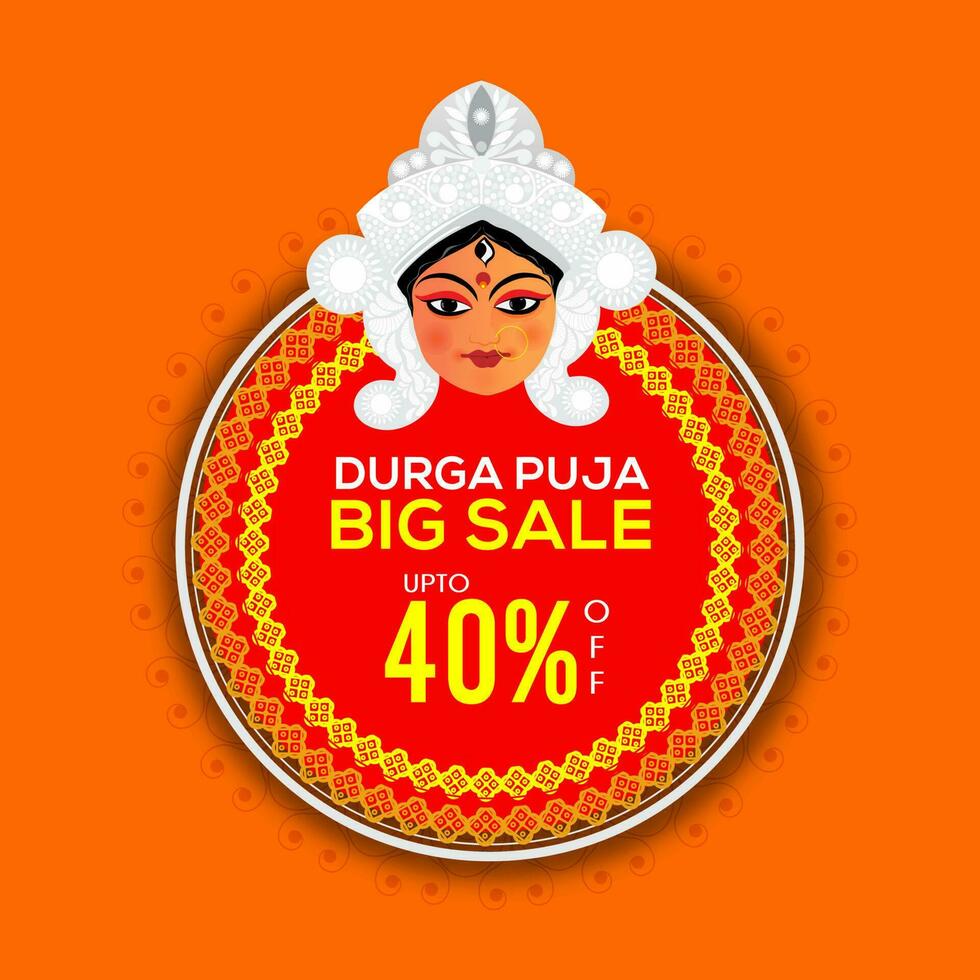 For Durga Puja Big Sale Poster Design With Goddess Durga Face. vector