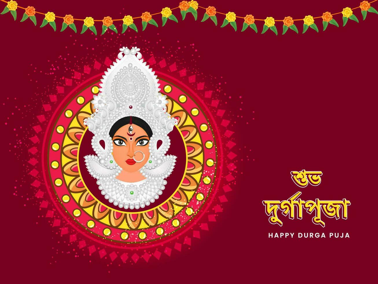 Bengali Font Of Happy Durga Puja With Hindu Mythology Goddess Durga Face And Floral Garland On Red And Yellow Mandala Background. vector