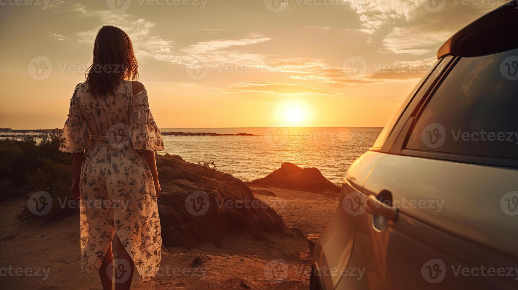 Youthfulbeat woman traveler getting a charge out of the nightfall at the sea in show despise toward of the reality that standing another to the car. Creative resource, photo