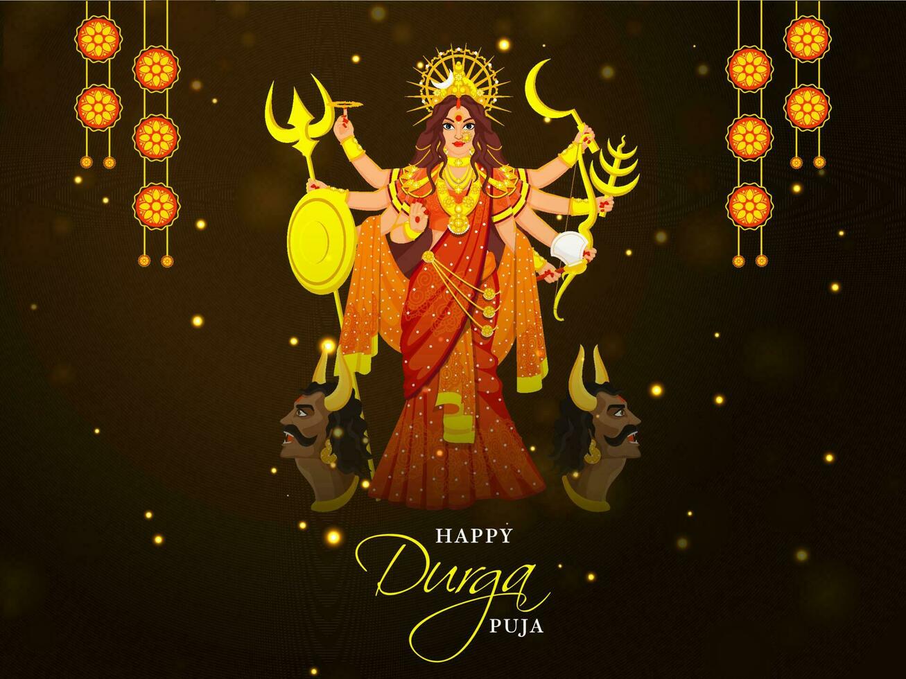 Happy Durga Puja Concept With Character Of Goddess Durga Maa And Mahishasura Face On Brown Lights Effect Background. vector