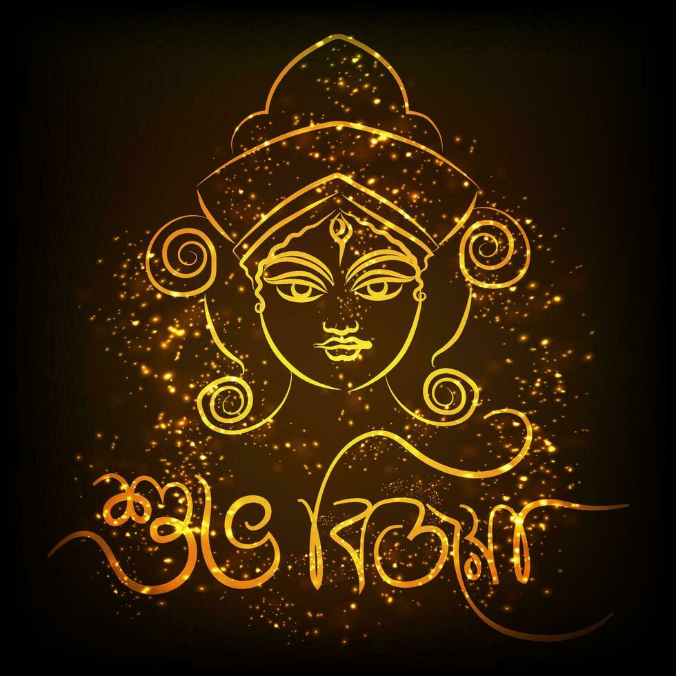 Golden Bengali Lettering Of Subho Bijoya With Creative Goddess Durga Face On Brown Lights Effect Background. vector