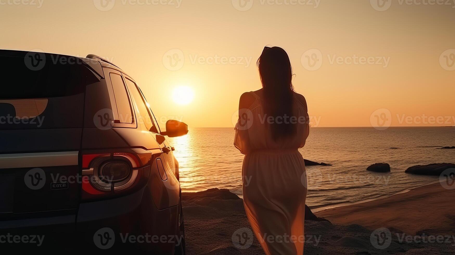 Youthfulbeat lady traveler getting a charge out of the sunset at the ocean in appear abhor toward of the reality that standing another to the car. Creative resource, photo