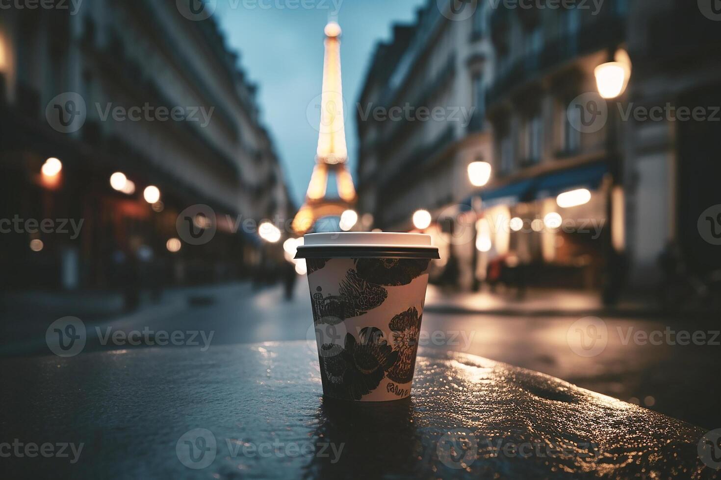 Coffee anywhere, a paper cup of coffee on the table in Paris. photo