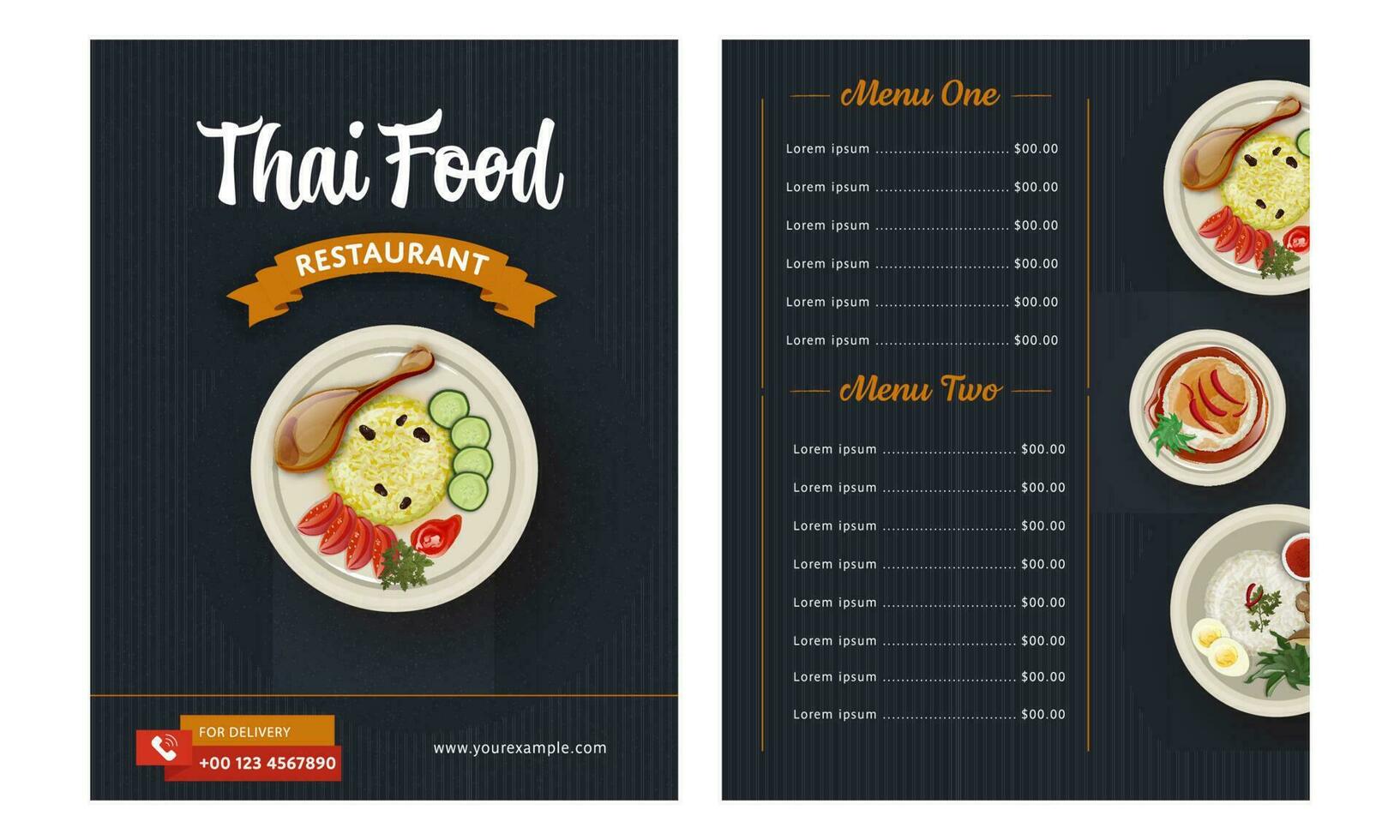 Thai Food Restaurant Menu Card With Double-Side In Black Color. vector