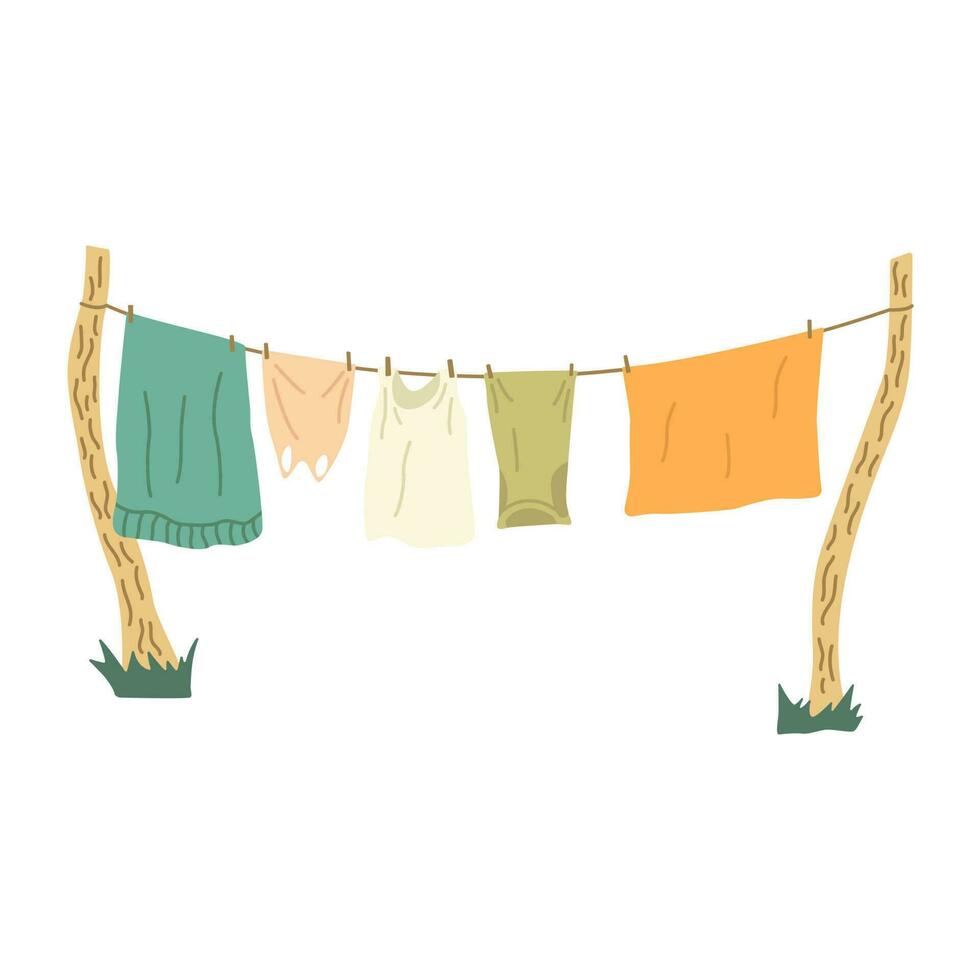 Clothes on clothesline. Clothes and accessories after washing on a rope.  T-shirt, dress, trousers, blouse. Flat vector illustration for  housekeeping, cleanliness concept. 15400363 Vector Art at Vecteezy