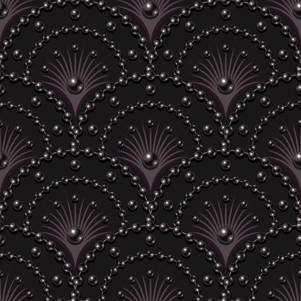 Seamless dark lilac pattern with fan shaped grid, string of pearl bads, thin rays inside of grid cell. Classic luxury background. Vector