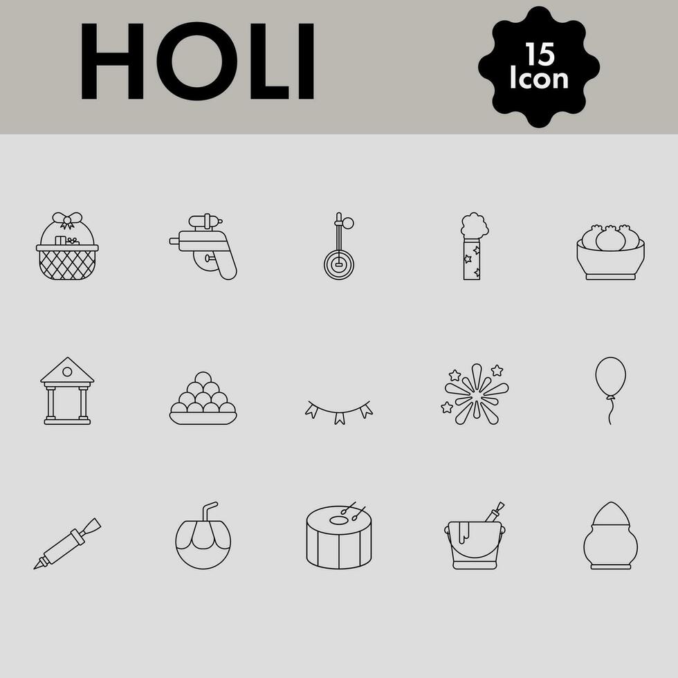 Black Thin Line Holi Icon Set On Grey Background. vector