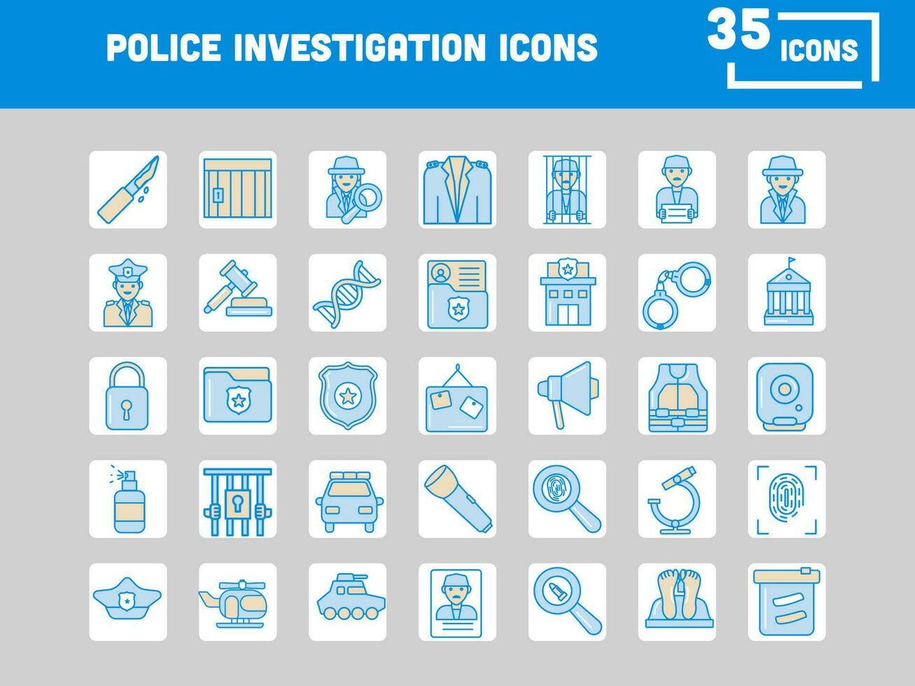 Blue And Brown Color Set Of Police Investigation Icons In Flat Style. vector