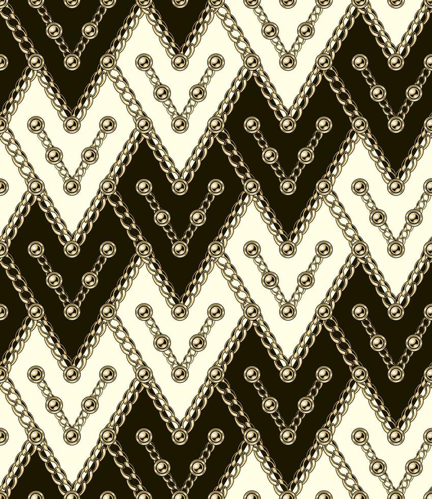 Seamless vintage diagonal pattern with gold, silver chains, beads. Geometric rhombus grid like a squama, shingles. Classic beige pale background.. Vector illustration