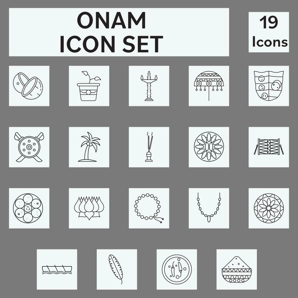 Black Linear Style Onam 19 Festival Icon Or Symbol Set. vector