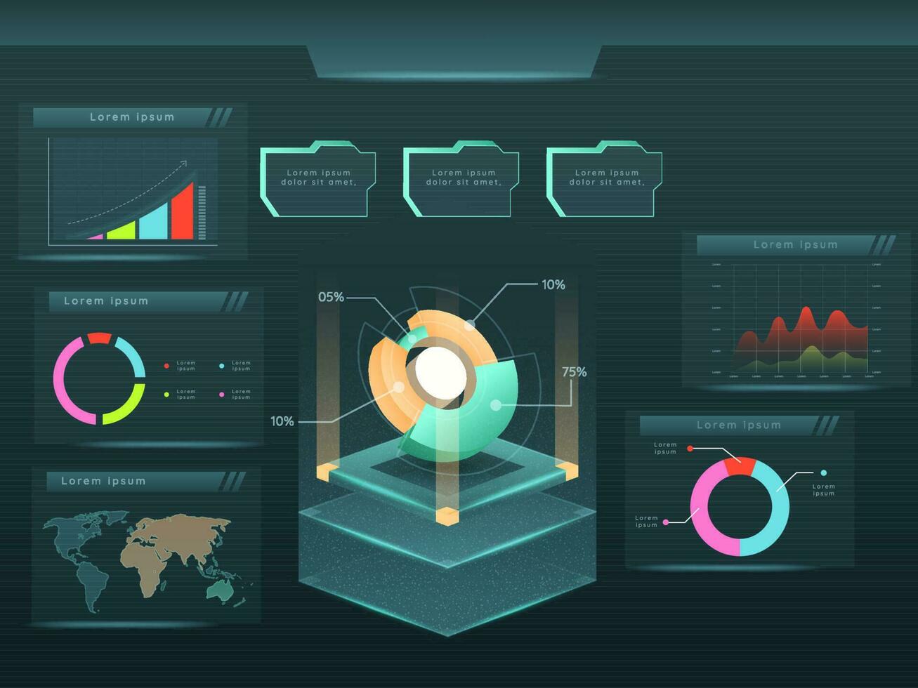 Infographic elements - bar and line charts, percents, pie charts, comparison chart, geographic locations chart. 3D style presentation. vector