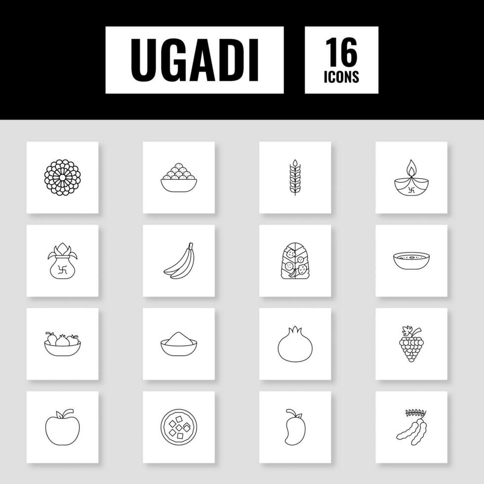 Black Linear Style Ugadi Festival Sqaure Icon Set. vector