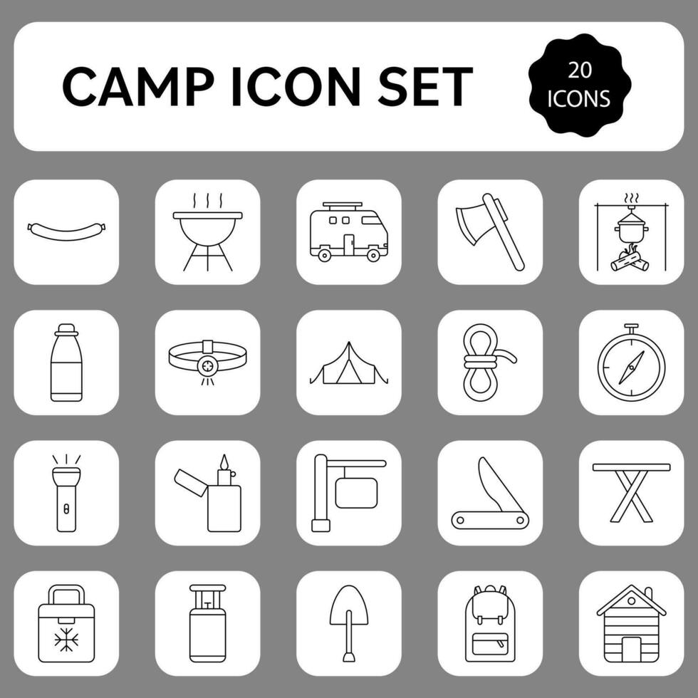 20 Camp Symbol Or Icon Set In Linear Style. vector