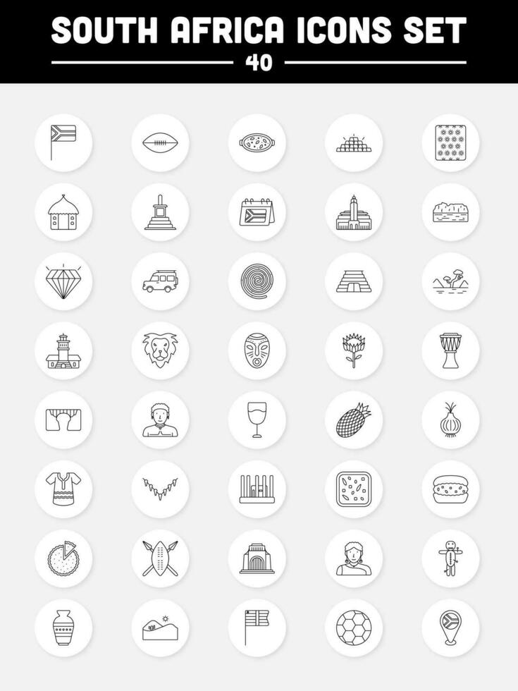 Black Linear Style South Africa Icon Set On Circle Background. vector