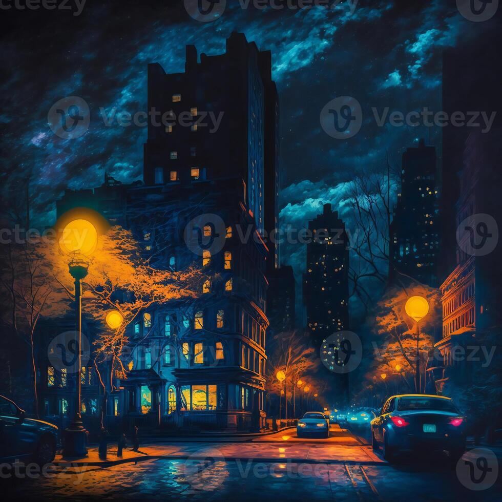 City Nightscape. An artistic watercolor-style illustration of a bustling city street at night. Perfect for urban, travel, and home decor designs with an artistic flair. illustration. photo