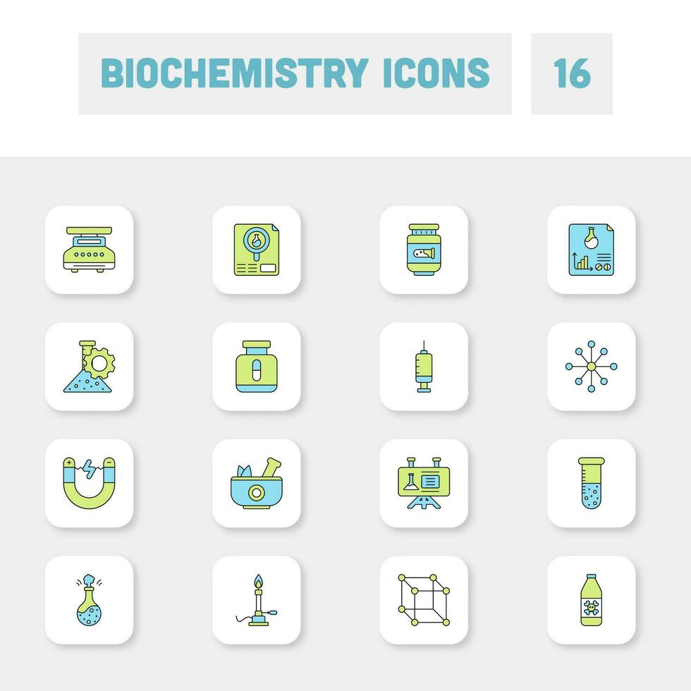 plano estilo bioquímica verde y azul icono conjunto en blanco cuadrado antecedentes. vector