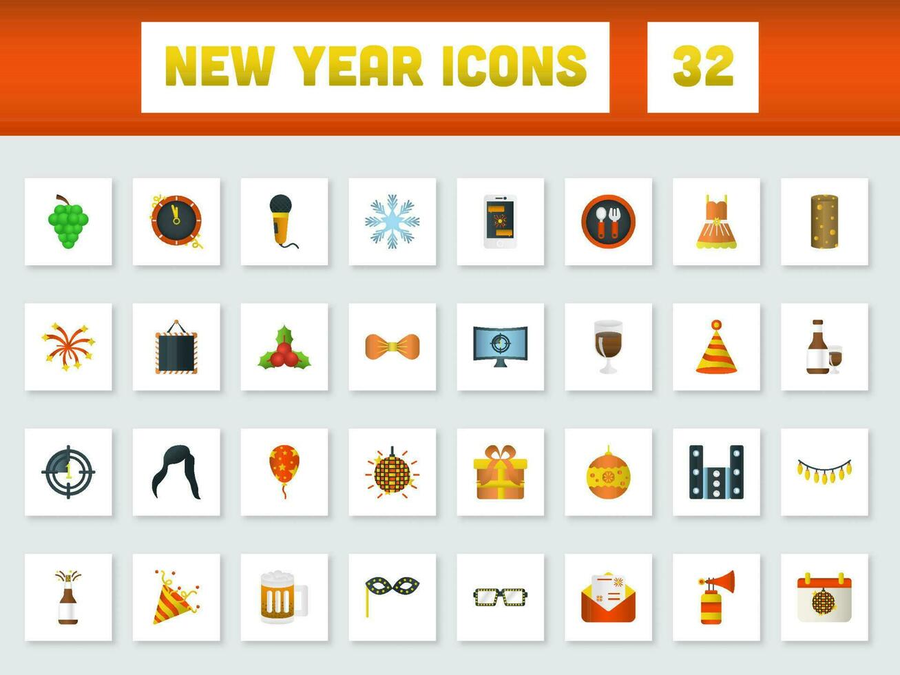 Colorful New Year Icon Set In Flat Style. vector