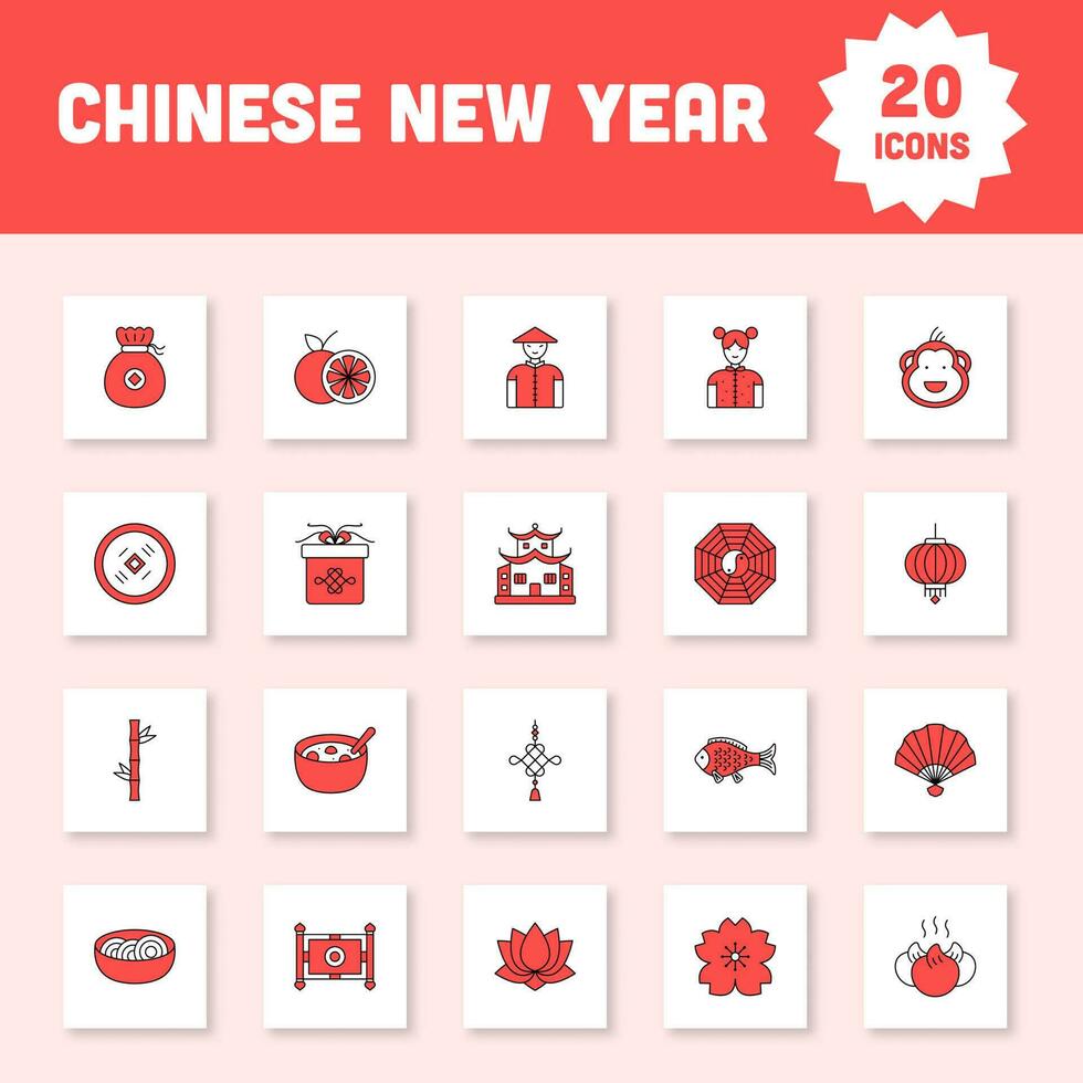 Red And White Chinese Icon Set On Square Background. vector