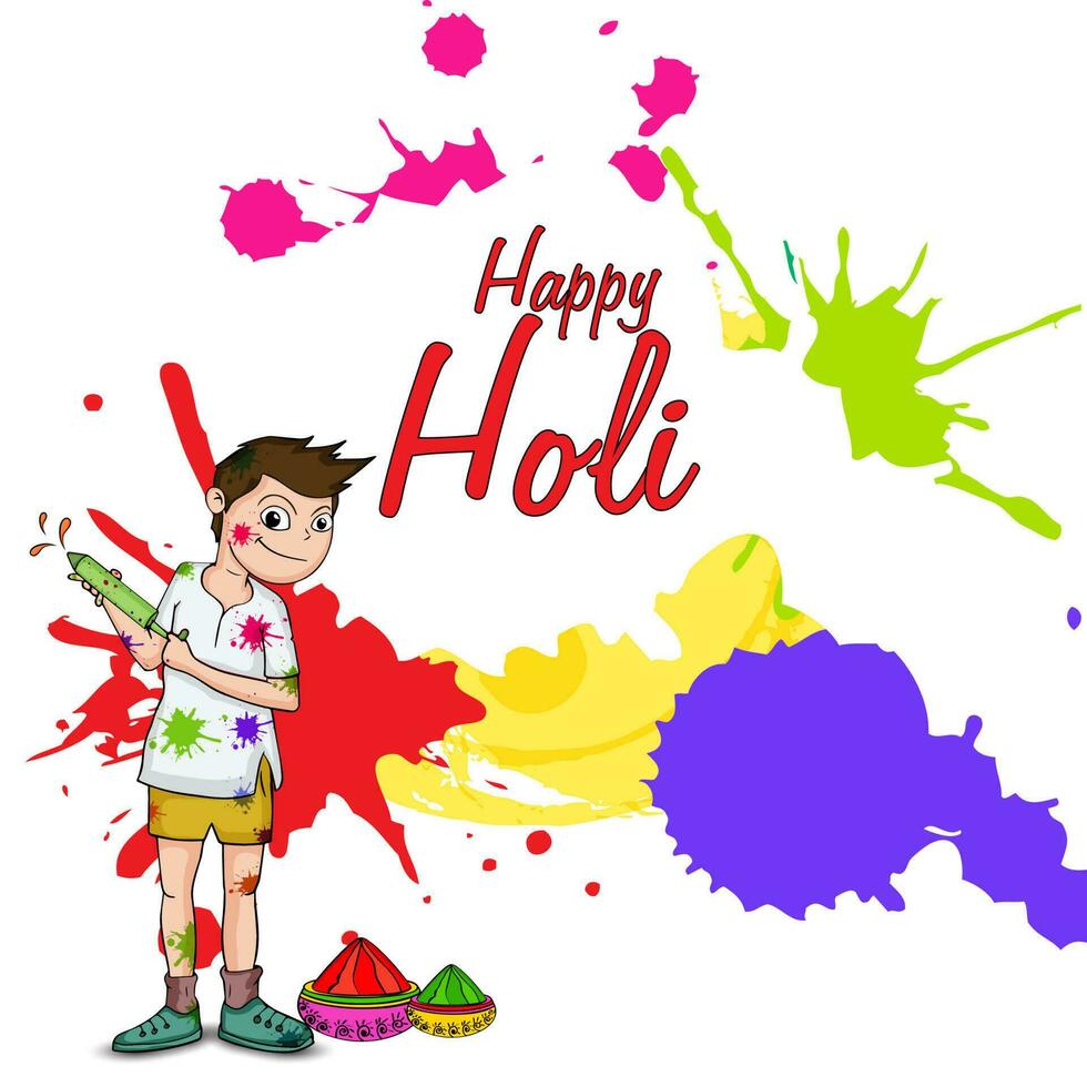 Indian festival of colours, Happy Holi concept with an Indian boy playing with colourgun, drycolours pots and colour splash against white background. vector